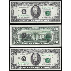 1981 $20 Federal Reserve Note ERROR 3 Print on Back part of (3) Consecutive Note