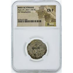 58 BC Indo Scythians Azes I/II AR Tetradrachm Coin NGC Ch F