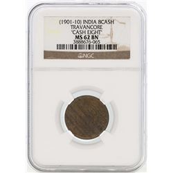 1901-10 India 8 Cash Travancore Coin NGC MS62BN