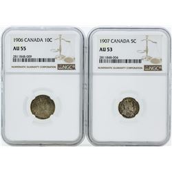 Lot of (2) 1906 Canada 10 Cent Coin NGC AU55 and 1907 Canada 5 Cent Coin NGC AU5