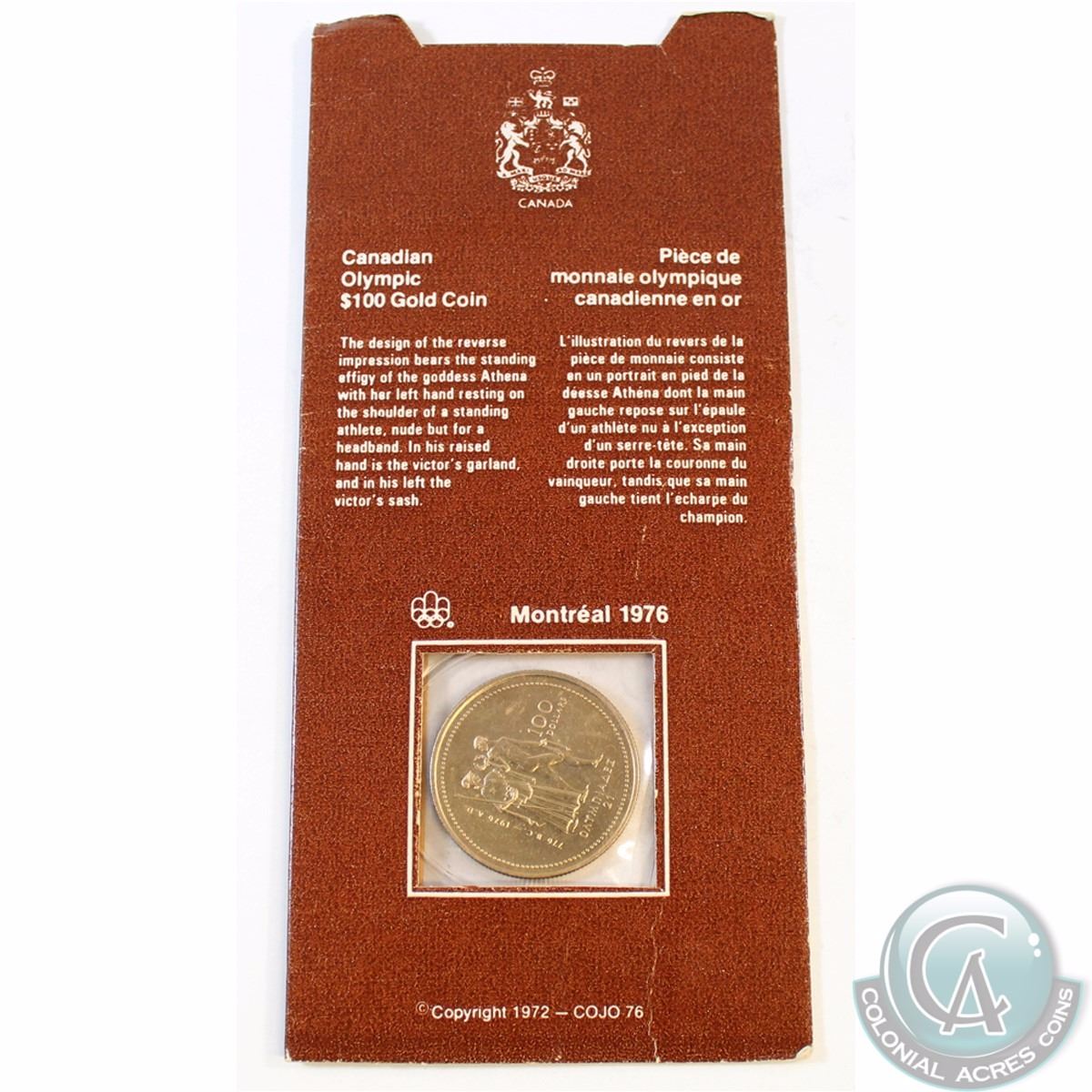 1976 Canada $100 Montreal Summer Olympic 22 Karat Gold Proof Coin. 1976 montreal olympic gold coin