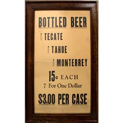 Framed Tecate Tahoe Bottled Beer Broadside (Union, Nevada)