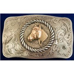 Etched Vintage Horse Head Silver Belt Buckle