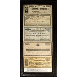 Five Framed Grass Valley Mining Stock Certificates