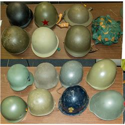 Collection of 14 Military and Military Style Helmets