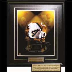 BOBBY ORR Signed 16x20 Framed Bruins Jersey On Chair Tribute FRAMEWORTH COA
