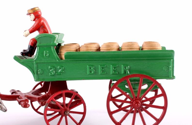 Antique Kenton Cast Iron Horse Drawn Beer Wagon