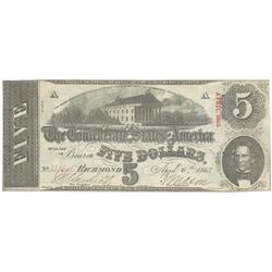 1863 $5 The Confederate States of America Note T-60 CC