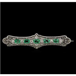 18KT White Gold 1.30 ctw Emerald and Diamond Brooch