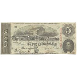 1863 $5 The Confederate States of America Note T-60 CC