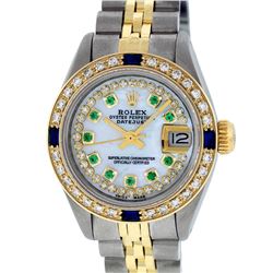 Rolex Ladies 2T MOP Emerald String Diamond And Sapphire Datejust Wristatch