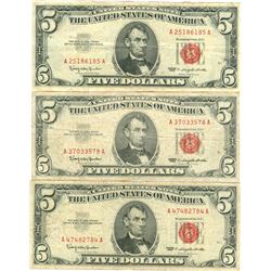 1963 $5 VG/XF Red Seal Note Lot of 3