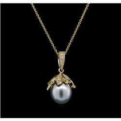 Pearl and Diamond Pendant With Chain - 14KT Yellow Gold