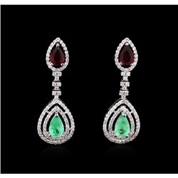 3.72 ctw Emerald, Ruby and Diamond Earrings - 14KT White Gold