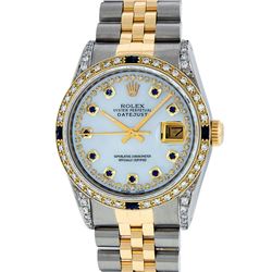 Rolex Mens Two Tone Diamond Lugs Mother Of Pearl String Sapphire and Diamond Dat