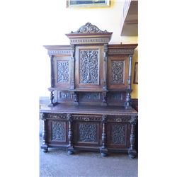 Large-Scale Ornate Carved Hutch (Two Pieces) - Dark Wood (7 ft x 32" depth x 9 ft H)