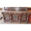 Image 2 : Large-Scale Ornate Carved Hutch (Two Pieces) - Dark Wood (7 ft x 32" depth x 9 ft H)