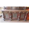 Image 3 : Large-Scale Ornate Carved Hutch (Two Pieces) - Dark Wood (7 ft x 32" depth x 9 ft H)