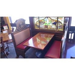 Rectangular Wood Table (48x30) w/Metal Base, 2 Carved Wooden Banquette Seats (45x20x58)