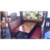 Image 1 : Rectangular Wood Table (48x30) w/Metal Base, 2 Carved Wooden Banquette Seats (45x20x58)