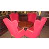 Image 2 : Round Table (35" dia) w/Pedestal Base, Claw Feet & 4 'High-Drama' Red Velvet Wing Chairs (51" H)
