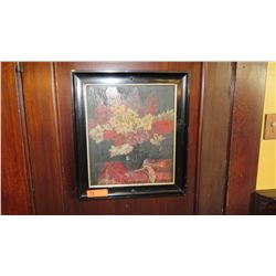 Framed Original Oil Painting: Still Life 'Flowers in Black Vase', (Artist Cadiolen?) 19x22.5 Black L