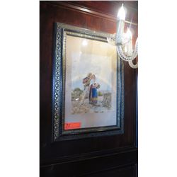 Framed Watercolor 'Pioneer Couple', (Artist Serafino?) 17x24 Black GildedFrame