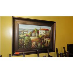 Framed Original Oil Painting: 'Tuscan Homes' (Artist Degos?) 47x35, Brown Frame