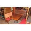 Image 1 : Rectangular Hardwood Table (50x36) w/Carved Pedestal Base, 2 Wood-Framed Banquettes