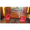 Image 1 : Square Hardwood Table (40x30 w/Carved  Base, 2 Wood-Framed Banquettes Upholstered Red