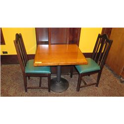 Rectangular Hardwood Table (30 x 27) w/Round Metal Base and 2 Chairs