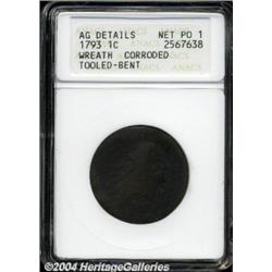 1793 1C Wreath Cent--Vine and Bars--Corroded, Tooled, Bent--ANACS. AG Details, Net Poor 1.