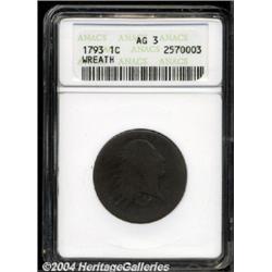 1793 1C Wreath Cent--Vine and Bars-- AG3 ANACS.