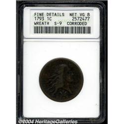 1793 1C Wreath Cent--Vine and Bars--Corroded--ANACS. Fine Details, Net VG8.