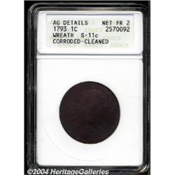 1793 1C Wreath Cent--Lettered Edge--Corroded, Cleaned--ANACS. AG Details, Net Fair 2.
