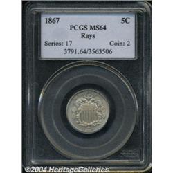 1867 5C Rays MS64 PCGS.
