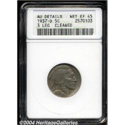1937-D 5C Three-Legged--Cleaned--ANACS. AU Details, Net XF45.