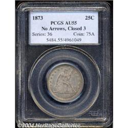 1873 25C Open 3 AU55 PCGS.