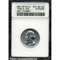 1936-D 25C --Obverse Cleaned--ANACS. Unc Details, Net MS60.