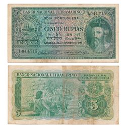 Indo-Portuguese,  Cinco (5) Rupias,  6th issue,  1945