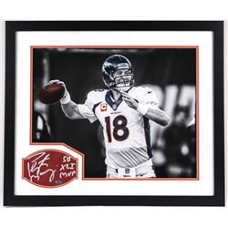 Peyton Manning Signed Broncos 22x26 Custom Framed Leather Football Display Inscribed  SB XLI MVP  (S