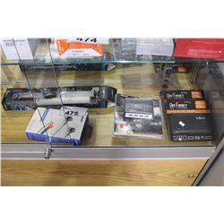 SHELF LOT OF MISC. ELECTRONICS - BOSE HEADSET, GO PRO ITEMS, BATTERIES, AND MORE