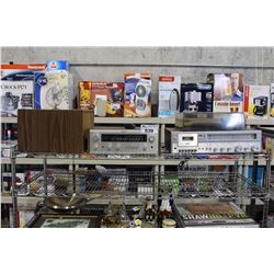 SHELF LOT OF STEREO COMPONENTS