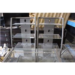PAIR OF GLASS AND METAL SHELVING UNITS