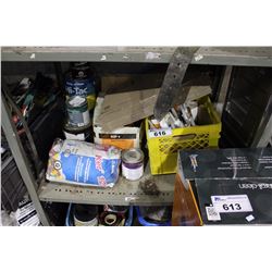 SHELF LOT OF CAULKING, PAINT, ADHESIVE, AND MORE