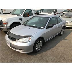 2004 HONDA CIVIC, GREY, 2 DOOR COUPE, GAS, AUTOMATIC, VIN# 1HGEM22594L811087, 50,469KMS,