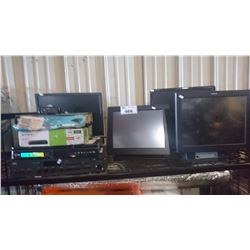 SHELF OF ASSORTED MONITORS & A/V EQUIPMENT