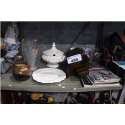 SHELF LOT OF MISC. COLLECTABLES INCLUDING CRYSTAL VASES, MAGAZINES, WALL SHELF, AND MORE
