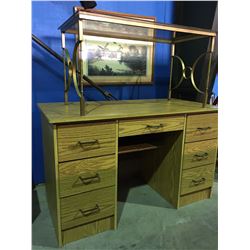 DOUBLE PEDESTAL KNEE HOLE DESK, GLASS & METAL COFFEE TABLE & FRAMED DUCK PRINT