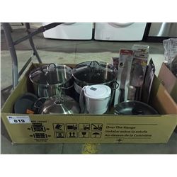 BOX FULL OF ASSORTED COOKWARE, POTS, PANS, KITCHENAID BUTCHER KNIVES ETC